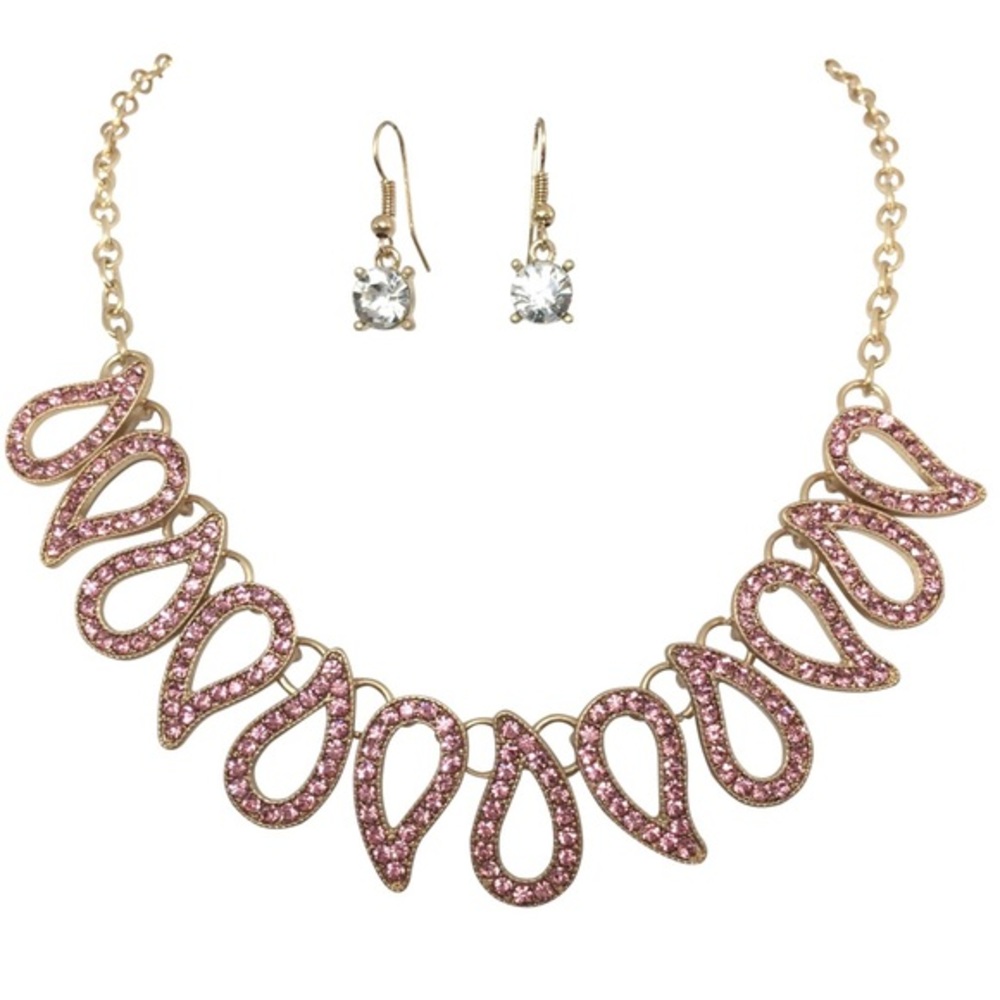 Pink Rhinestone Paisley Necklace Earrings Set